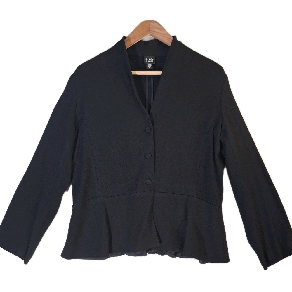 Eileen Fisher Peplum Jacket Blazer Women's M Black Virgin Wool Blend Stretch‎